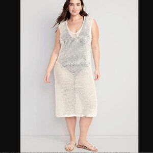 Old Navy Crochet Knit V Neck Swim Cover-Up Midi Dress Size 4X Cream Ivory Beach